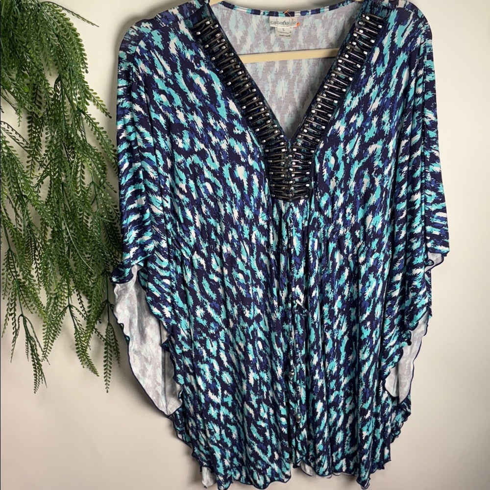 Cabana Life Aqua and Black Patterned Kimono